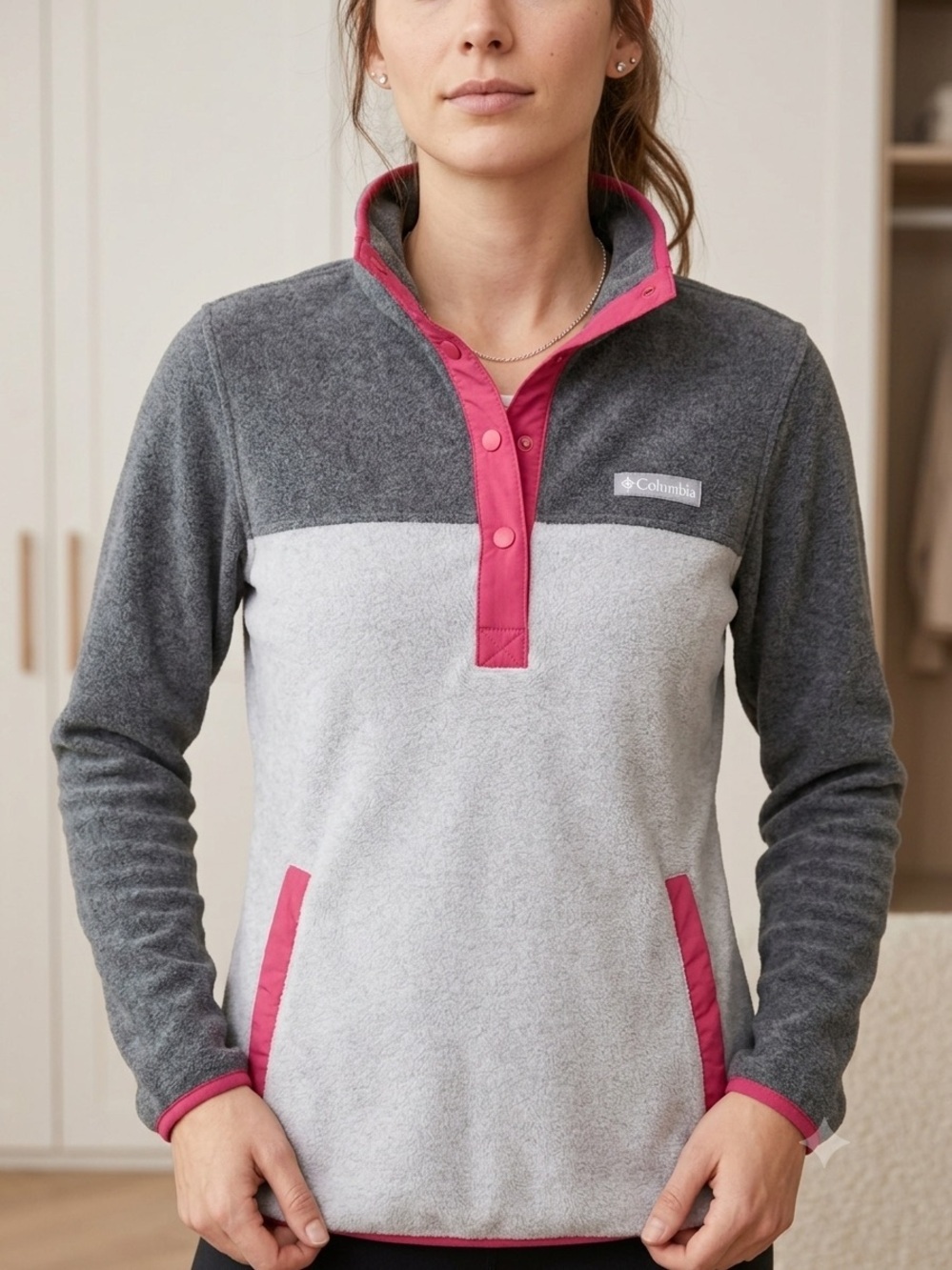 Columbia Foster Creek 1/4 Snap Button Fleece Pullover Pockets Gray/Pink Sz XS